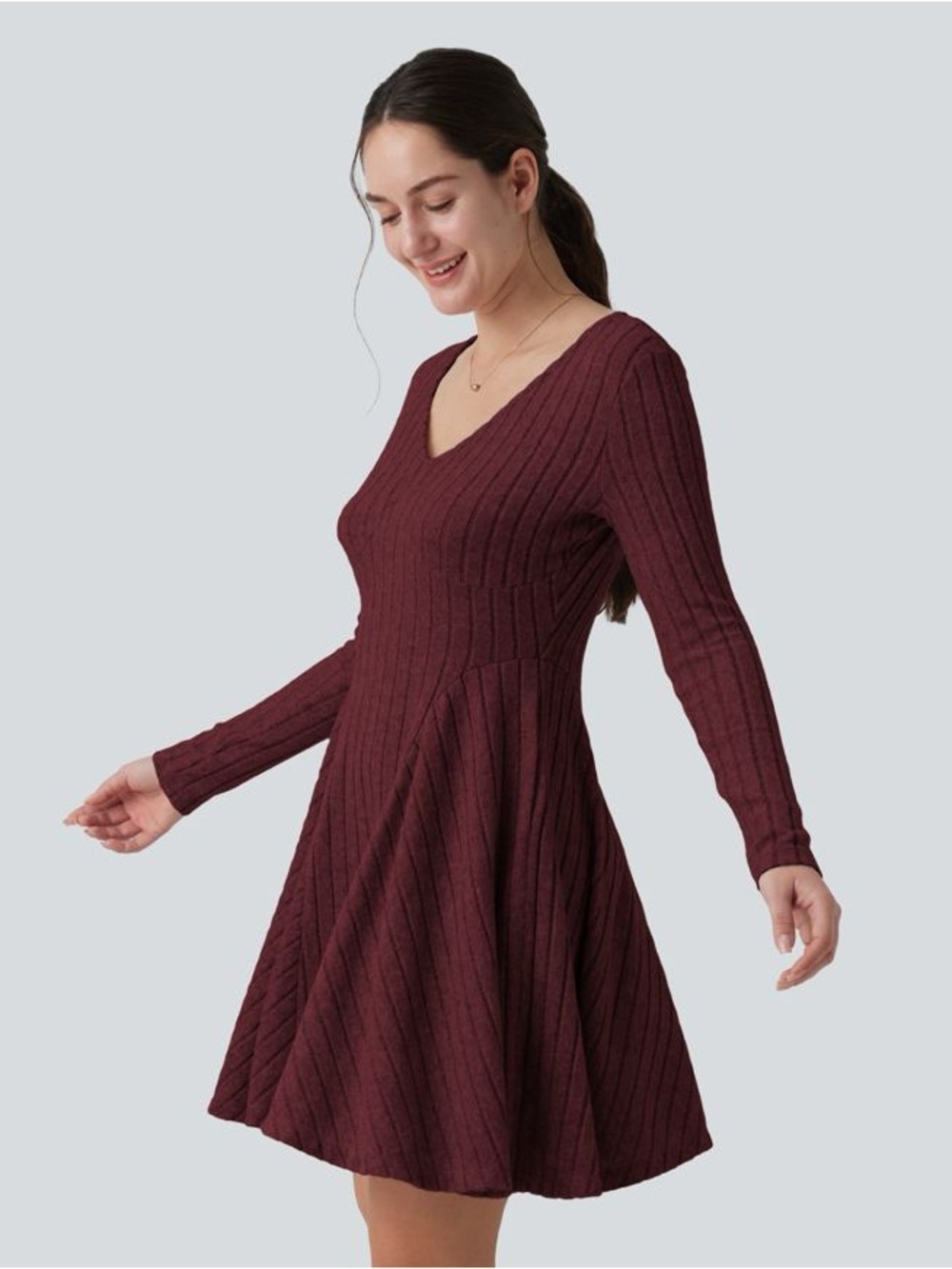 Halara NWT Women’s Ribbed V-Neck Long Sleeve Fit & Flare Dress - Burgundy